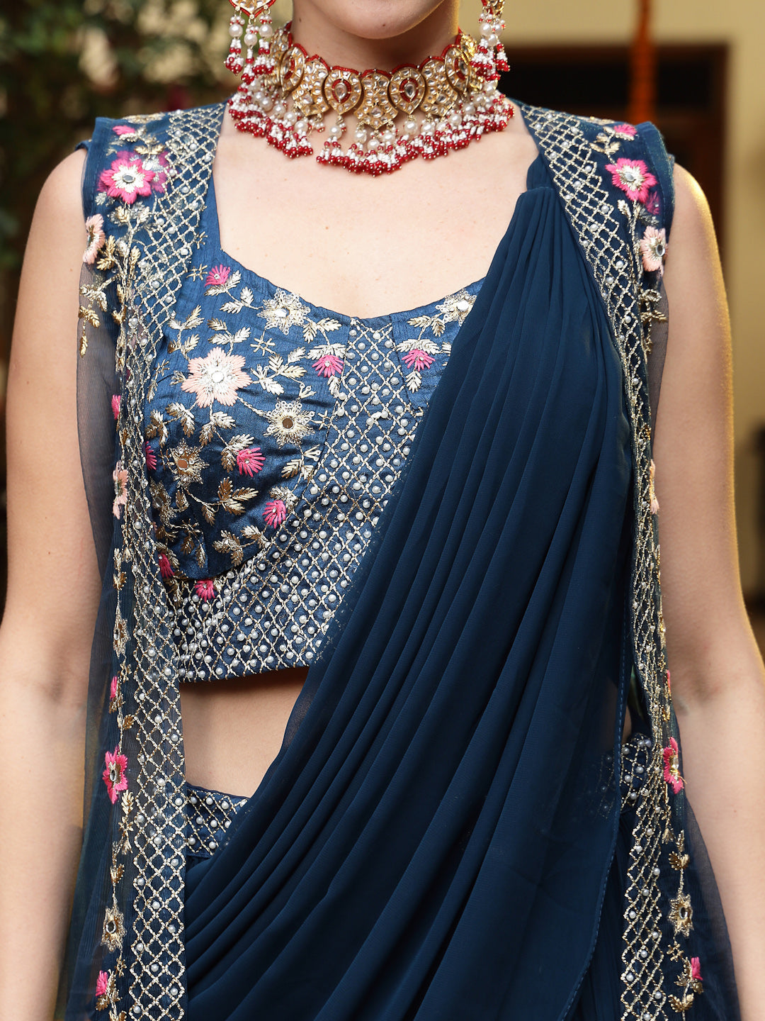 Women's Teal Printed & Embroidered Georgette Draped Lehenga Saree & Bl
