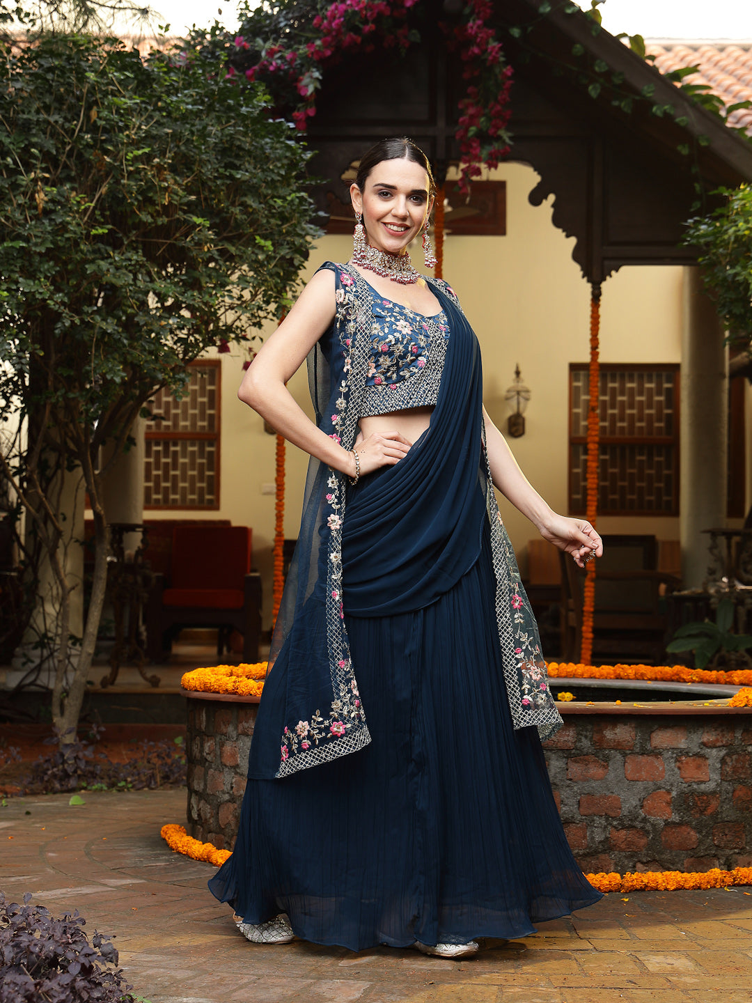 Women's Teal Printed & Embroidered Georgette Draped Lehenga Saree & Bl