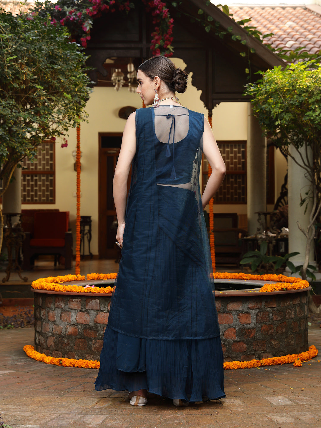 Women's Teal Printed & Embroidered Georgette Draped Lehenga Saree & Bl