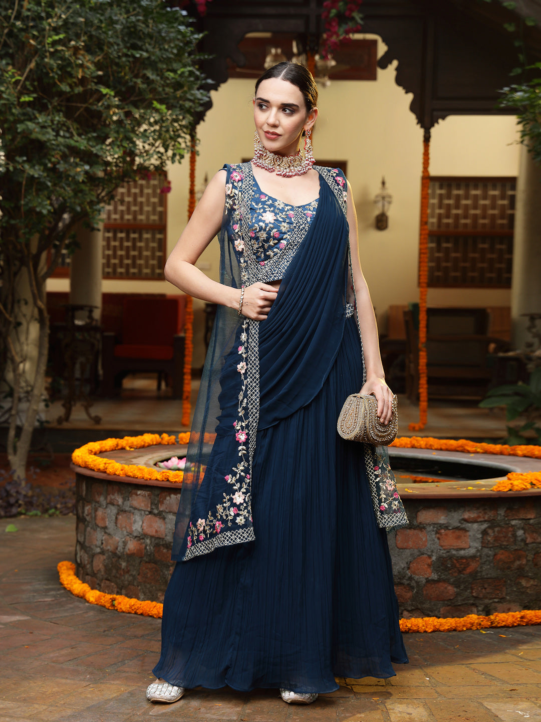 Women's Teal Printed & Embroidered Georgette Draped Lehenga Saree & Bl