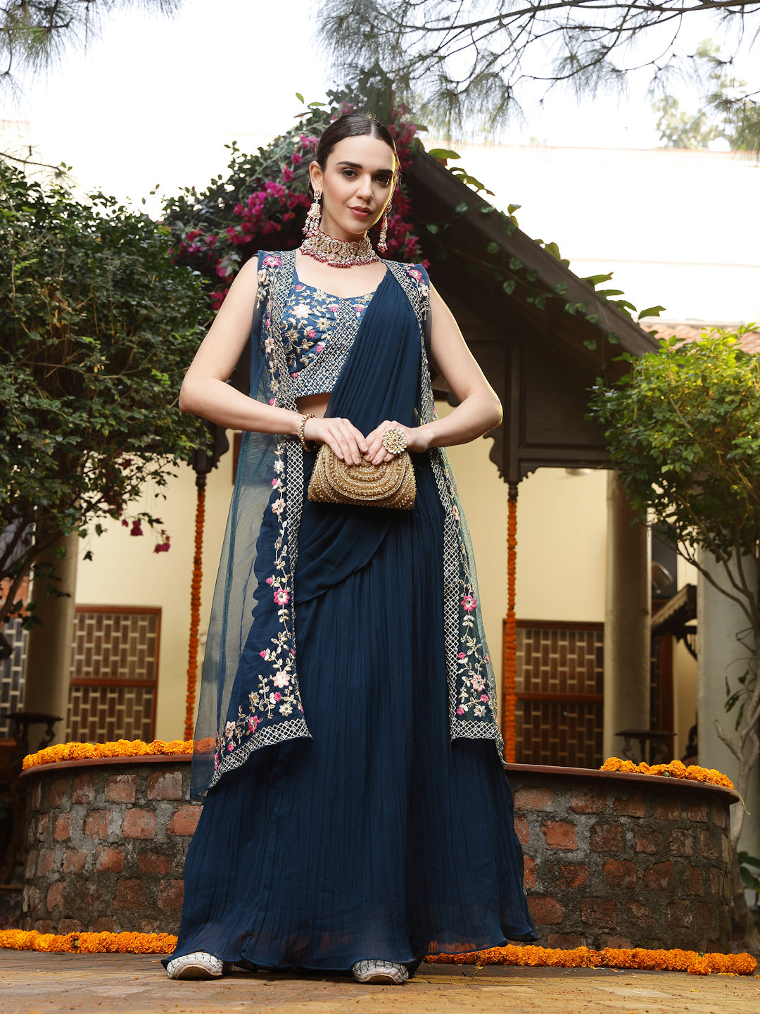 Women's Teal Printed & Embroidered Georgette Draped Lehenga Saree & Bl