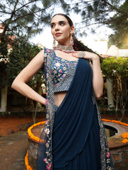 Stylum Women's Teal Printed & Embroidered Georgette Draped Lehenga Saree & Blouse with Shrug (LEHTEALCOCO)