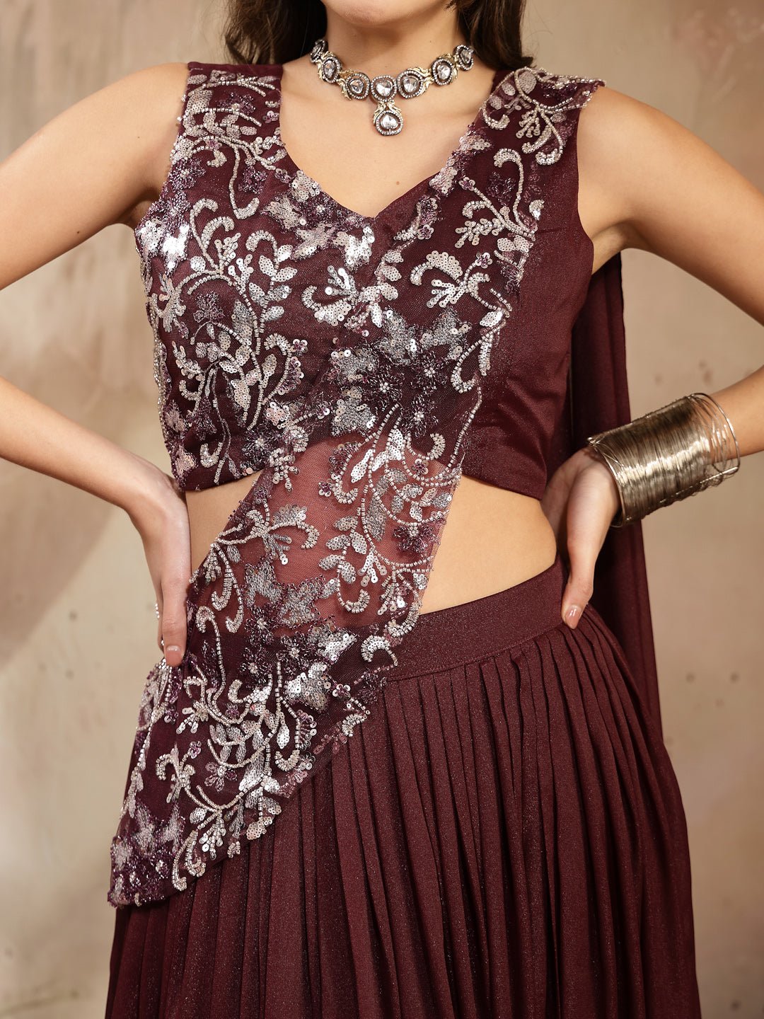 Women's Wine Solid & Embroidered Poly Georgette Lehenga Choli With Dra