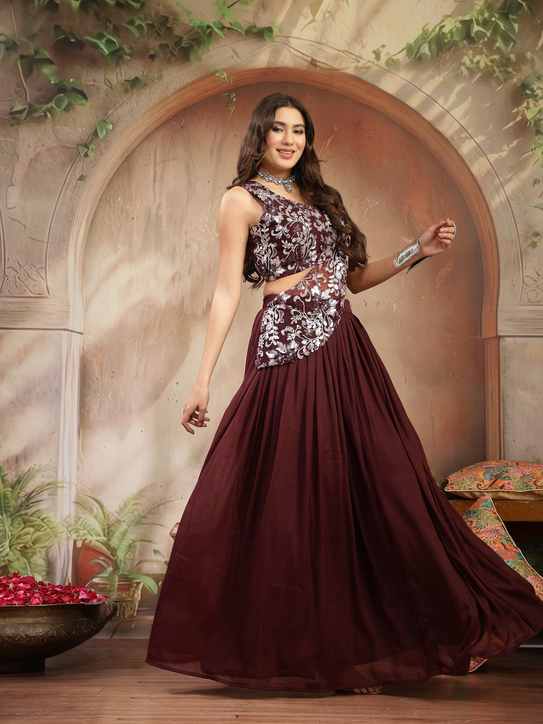 Women's Wine Solid & Embroidered Poly Georgette Lehenga Choli With Dra