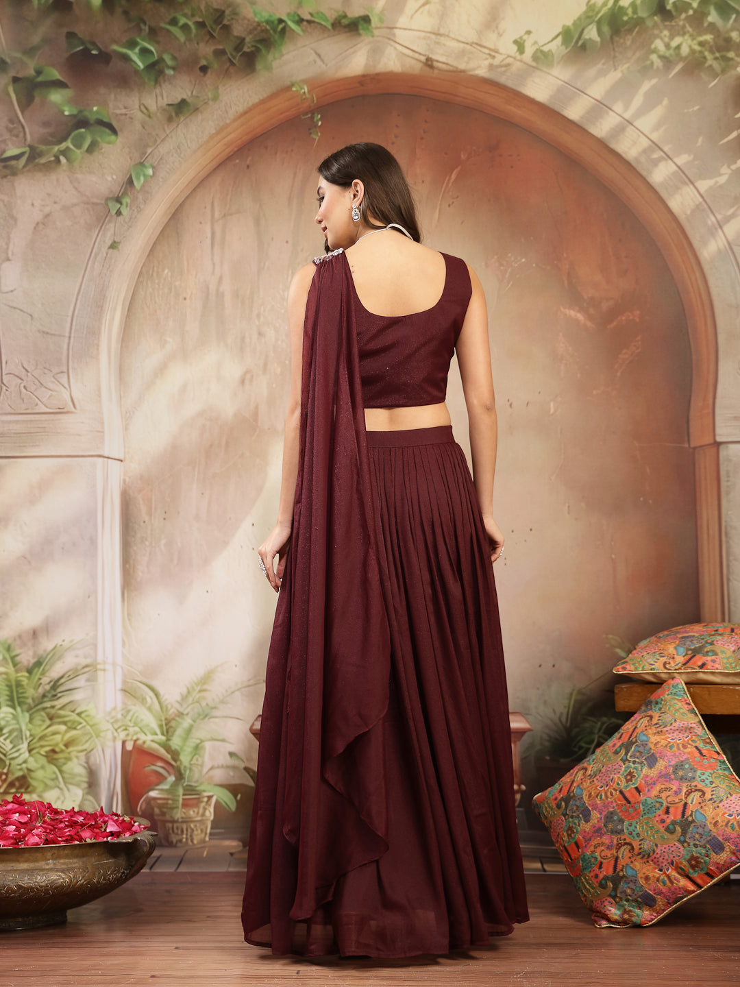 Women's Wine Solid & Embroidered Poly Georgette Lehenga Choli With Dra