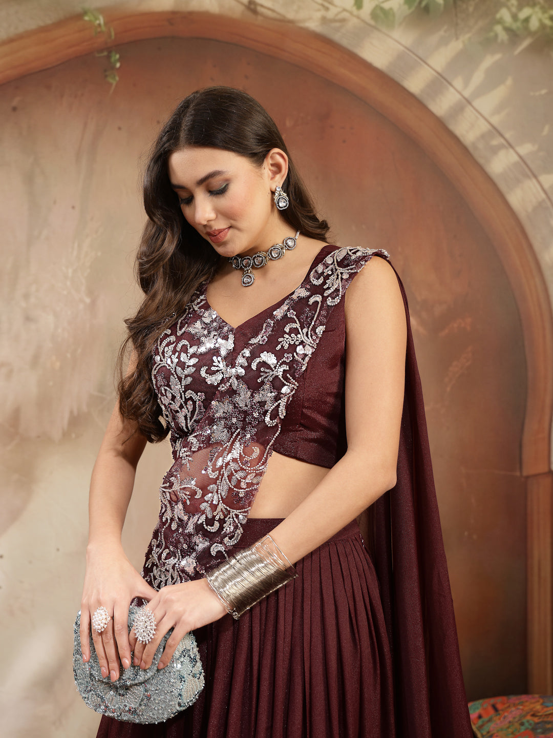 Women's Wine Solid & Embroidered Poly Georgette Lehenga Choli With Dra