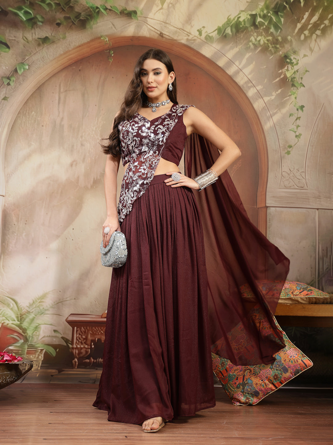 Women's Wine Solid & Embroidered Poly Georgette Lehenga Choli With Dra