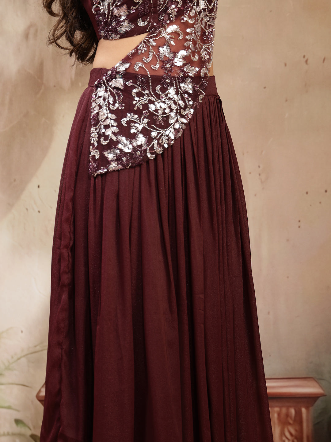 Women's Wine Solid & Embroidered Poly Georgette Lehenga Choli With Dra