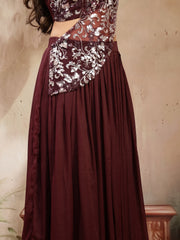 Stylum Women's Wine Solid & Embroidered Poly Georgette Lehenga Choli With Drape Dupatta (LEHWINENAVYA)