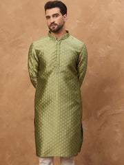 Ethnic Bay Men Green Silk Blend Solid Woven Design Straight Kurta With Pant Set-MKSET1456