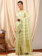 Women's Linen Cream Woven Design Designer Saree With Blouse Piece-LINOMA06F