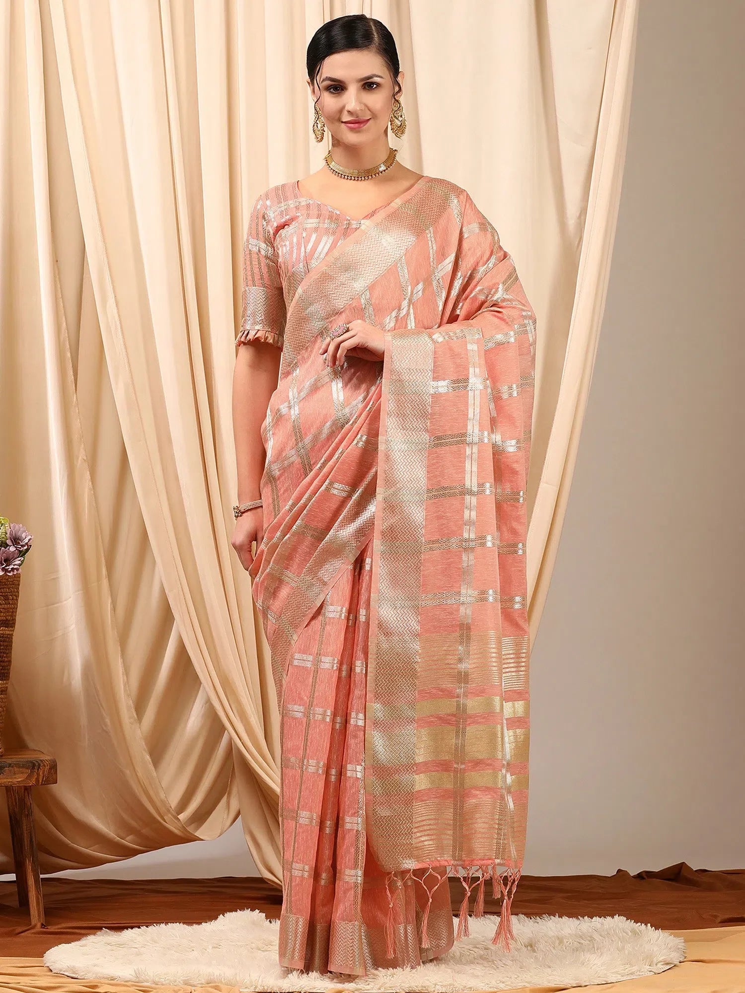 Linen Peach Saree - Woven Design & Blouse | Indian Sarees