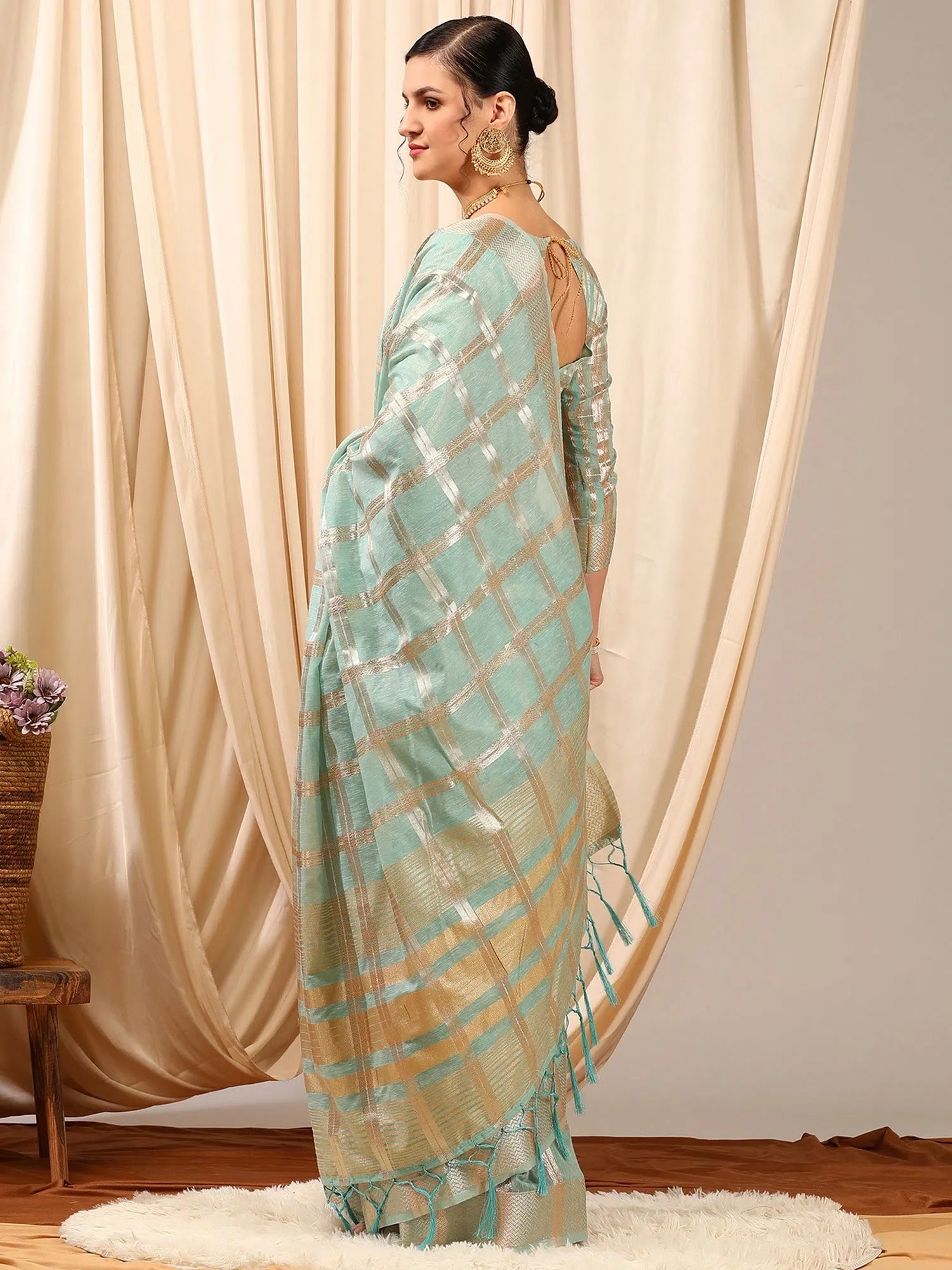 Turquoise Linen Saree - Woven Design | Indian Sari