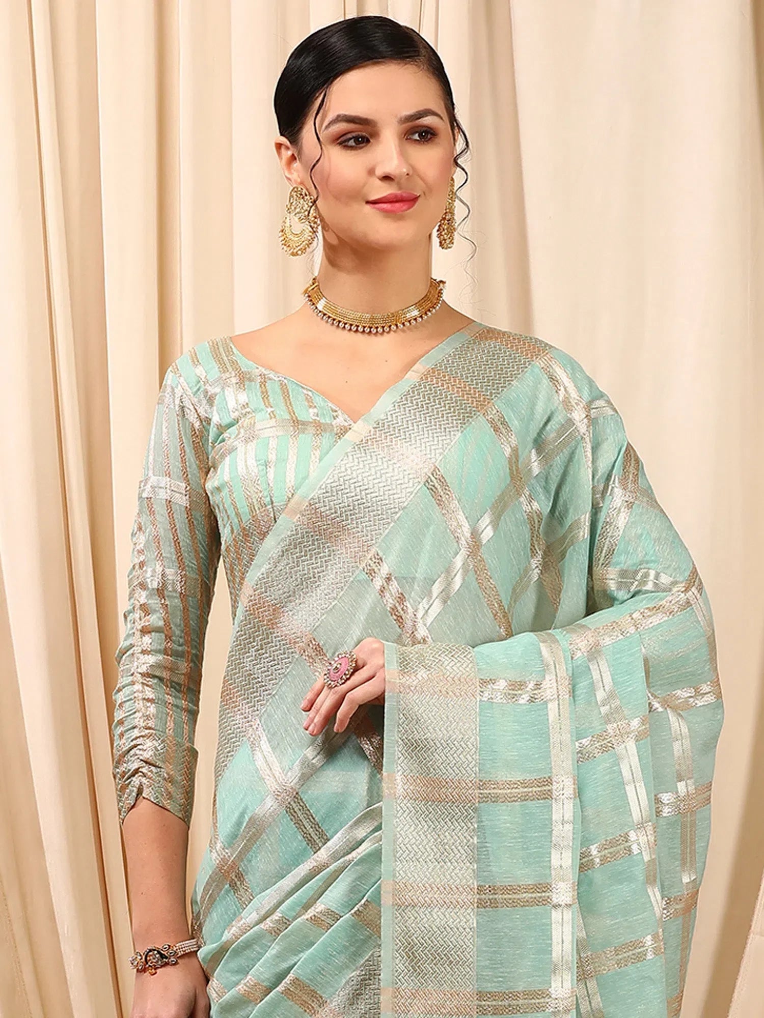 Turquoise Linen Saree - Woven Design | Indian Sari