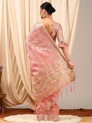 Women's Cotton Blend Peach Woven Design Designer Saree With Blouse Piece-MAHIRA135402