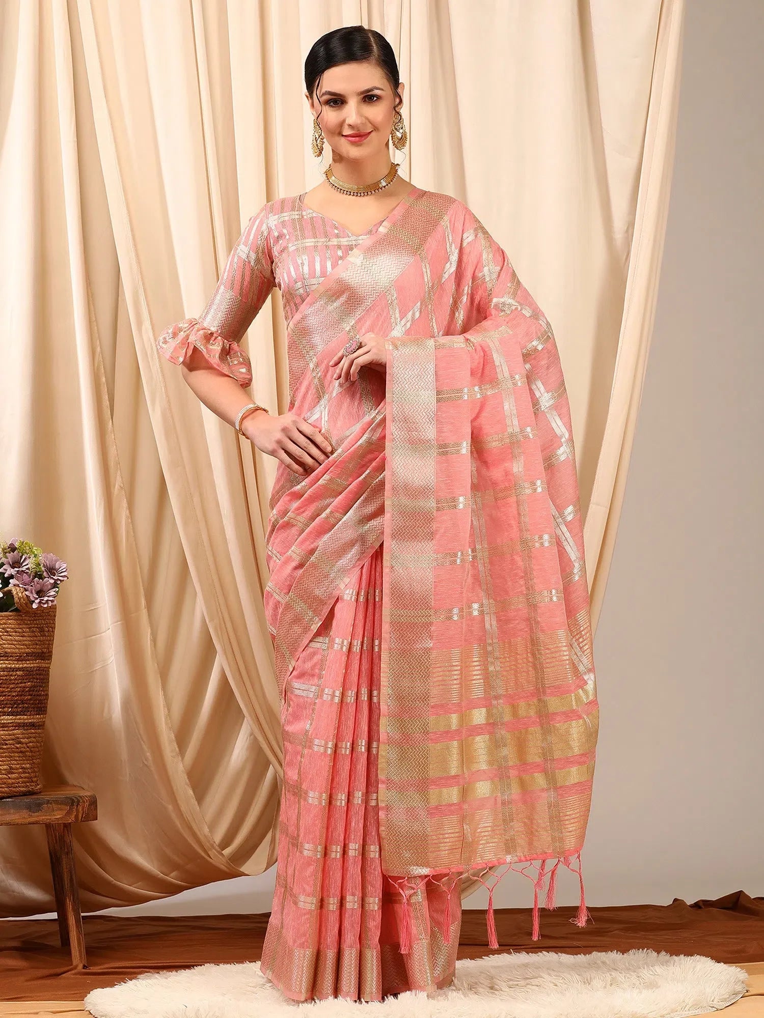 Pink Linen Saree - Woven Design | Indian Sarees