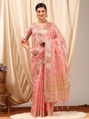 Women's Cotton Blend Peach Woven Design Designer Saree With Blouse Piece-MAHIRA135402