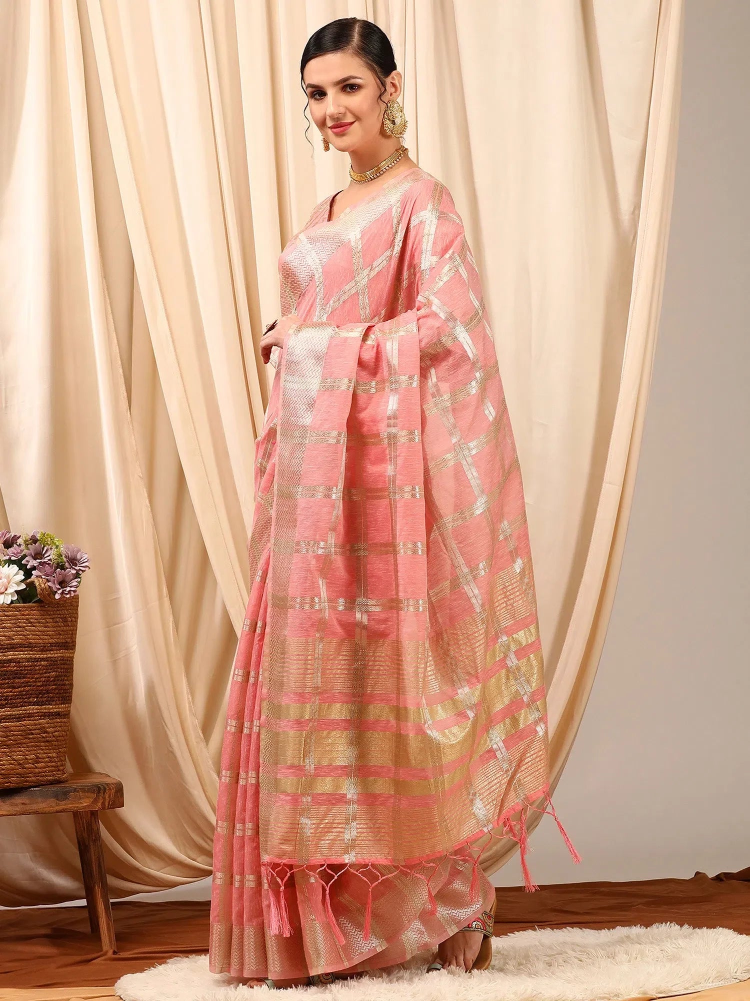 Pink Linen Saree - Woven Design | Indian Sarees