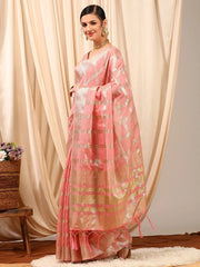 Women's Cotton Blend Peach Woven Design Designer Saree With Blouse Piece-MAHIRA135402