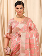 Women's Cotton Blend Peach Woven Design Designer Saree With Blouse Piece-MAHIRA135402