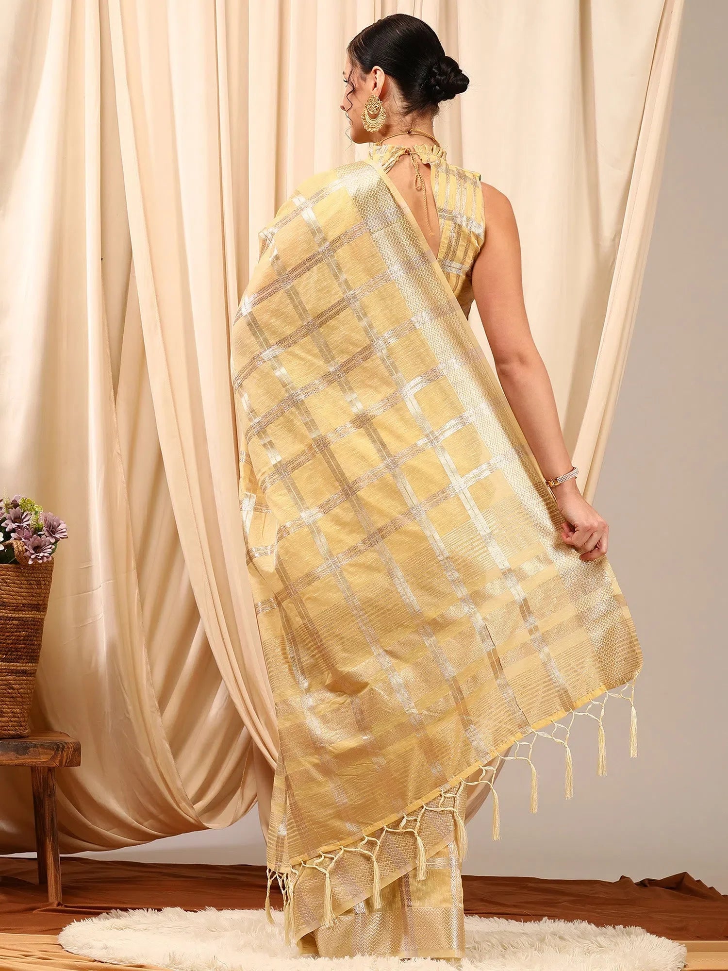 Linen Cream Saree with Woven Design | Designer Sarees India
