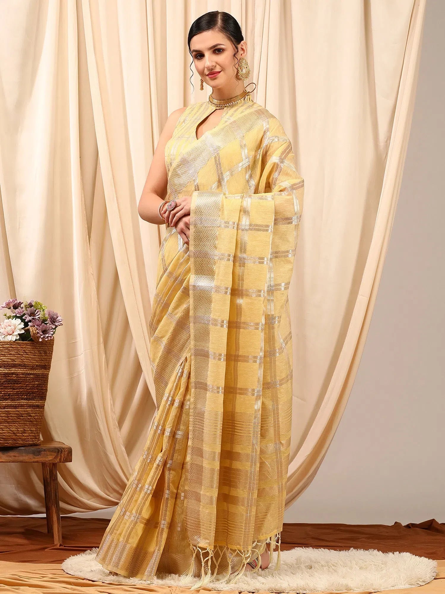 Linen Cream Saree with Woven Design | Designer Sarees India