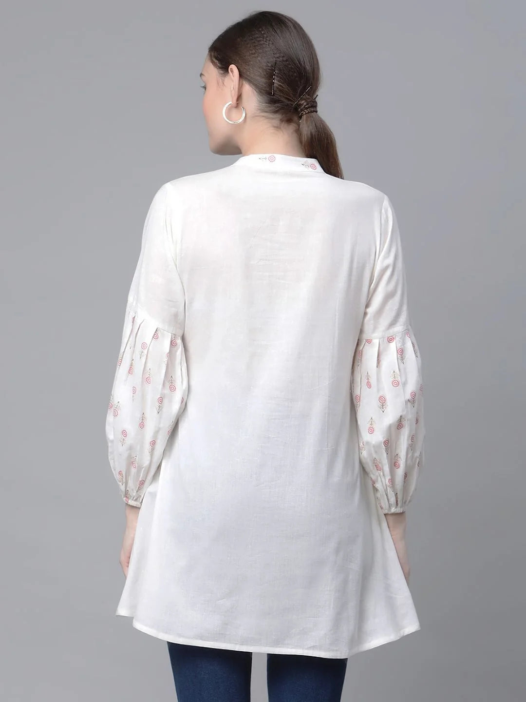 Off White Cotton Printed Tunic Top - Indian Kurta for Women