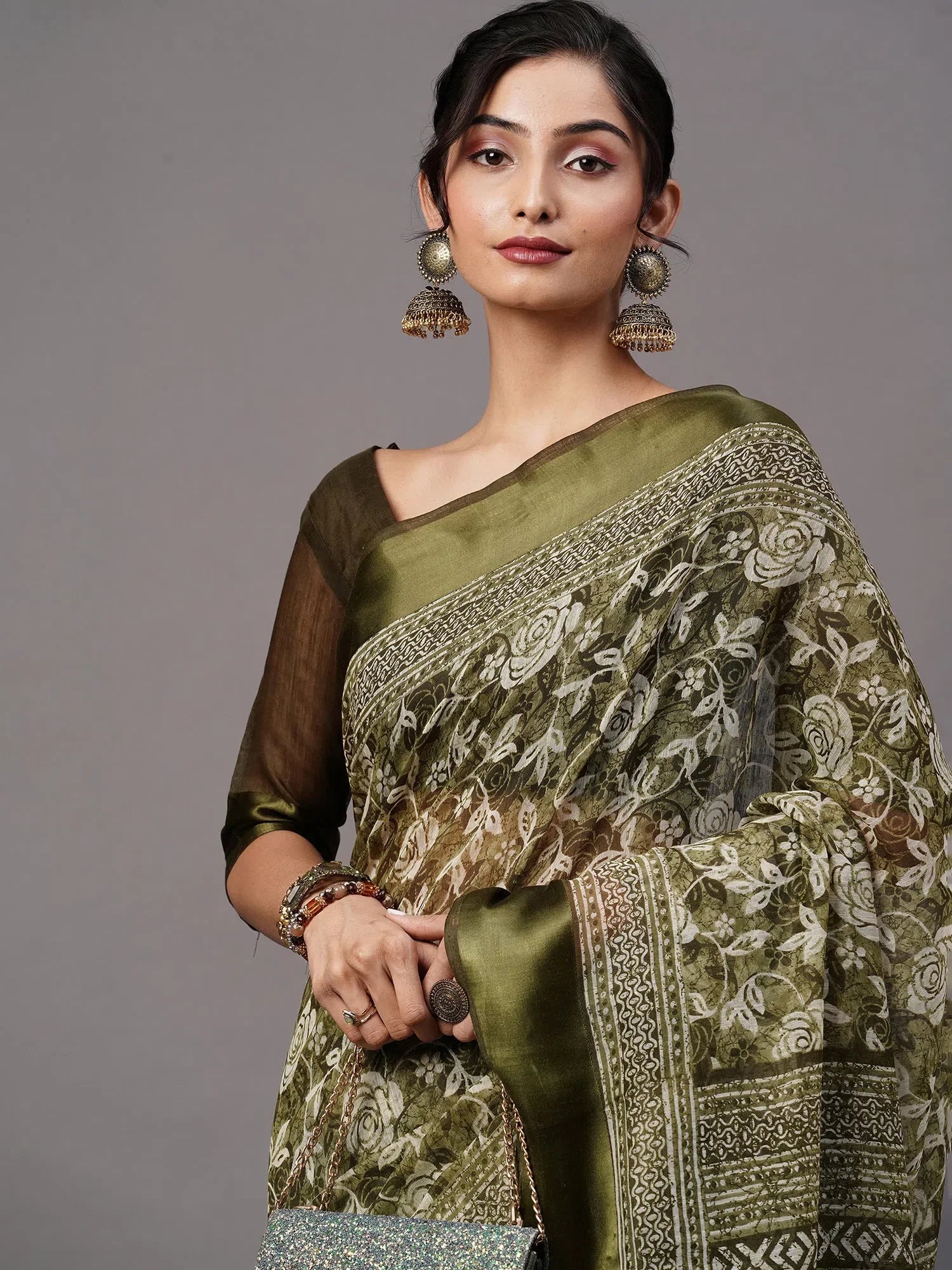 Olive Printed Cotton Saree | Indian Sarees with Elegant Blouse