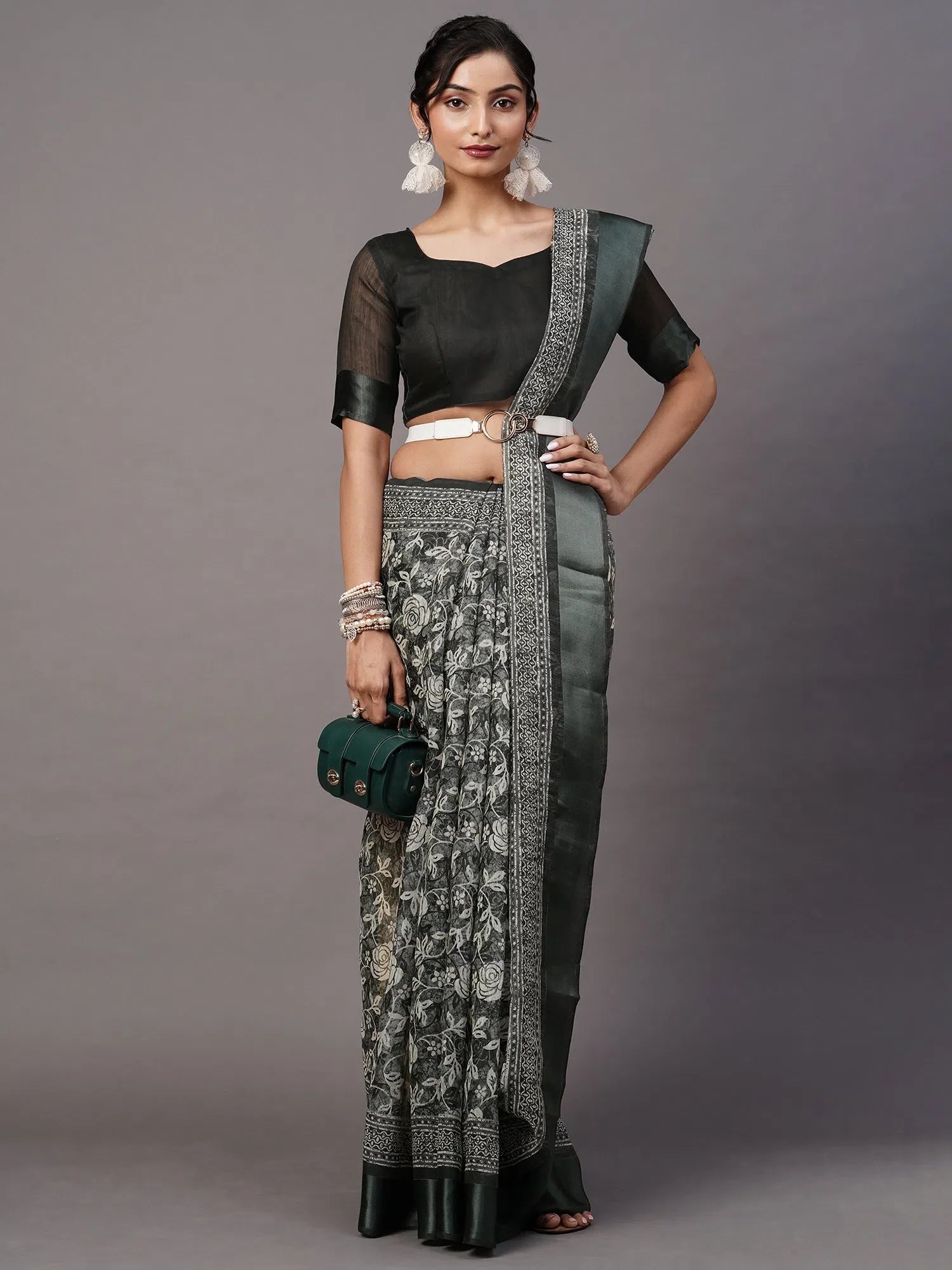Sea Green Cotton Saree - Banarasi Inspired Design