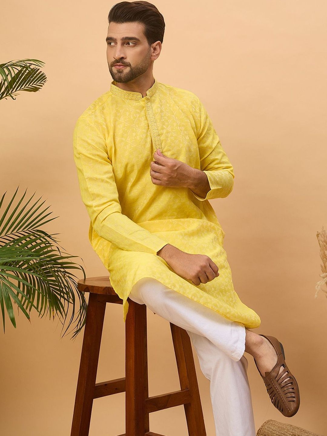 Ethnic Bay Men Yellow Silk Blend Solid Embroidered Straight Kurta With Pant Set-MKSET1455