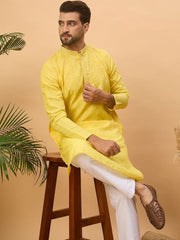 Ethnic Bay Men Yellow Silk Blend Solid Embroidered Straight Kurta With Pant Set-MKSET1455