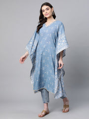 Blue Pure Cotton Printed Kaftan Kurta-AHKFCODCGPDS-6047