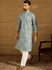 Ethnic Bay Men Blue Viscose Rayon Solid Embroidered Straight Kurta With Pant Set-MKSET1391