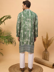 Ethnic Bay Men Green Viscose Rayon Batik Embroidered Straight Kurta With Pant Set-MKSET1500