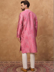 Ethnic Bay Men Pink Silk Blend Geometric Printed Straight Kurta With Pant Set-MKSET1533