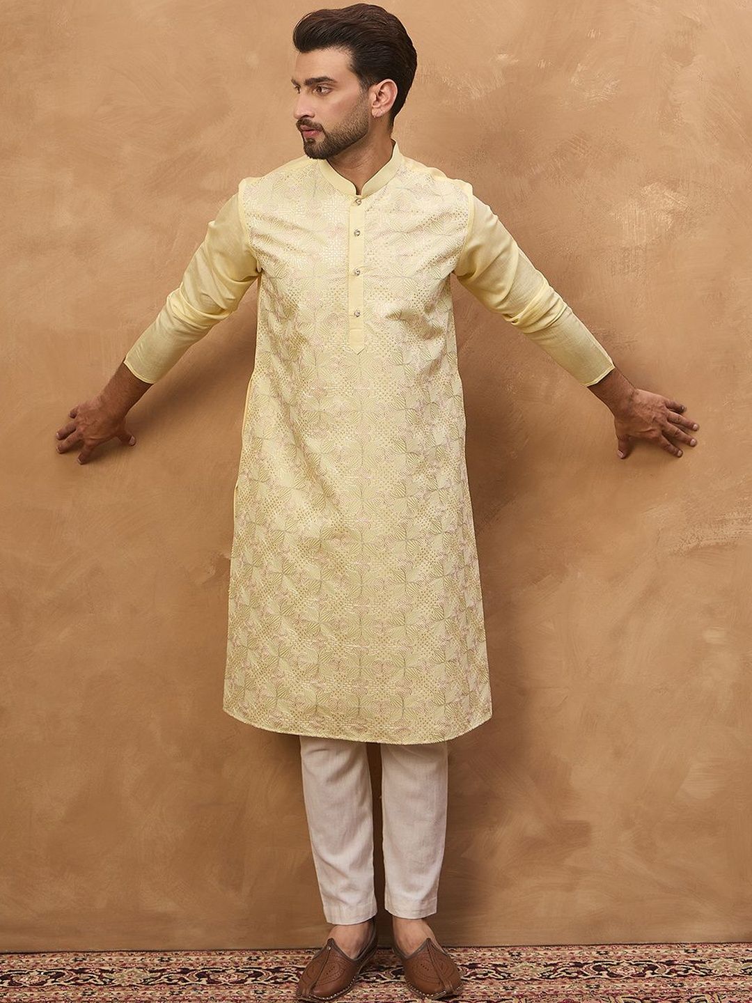 Ethnic Bay Men Yellow Silk Blend Solid Embroidered Straight Kurta With Pant Set-MKSET1467