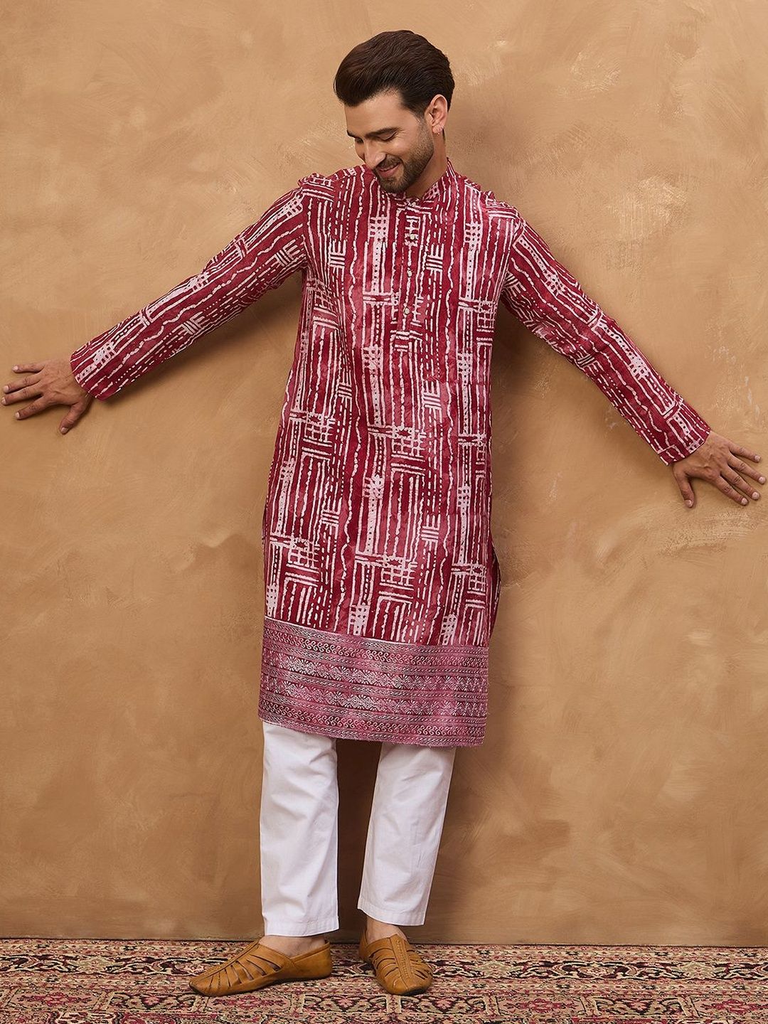 Ethnic Bay Men Red Viscose Rayon Batik Embroidered Straight Kurta With Pant Set-MKSET1499