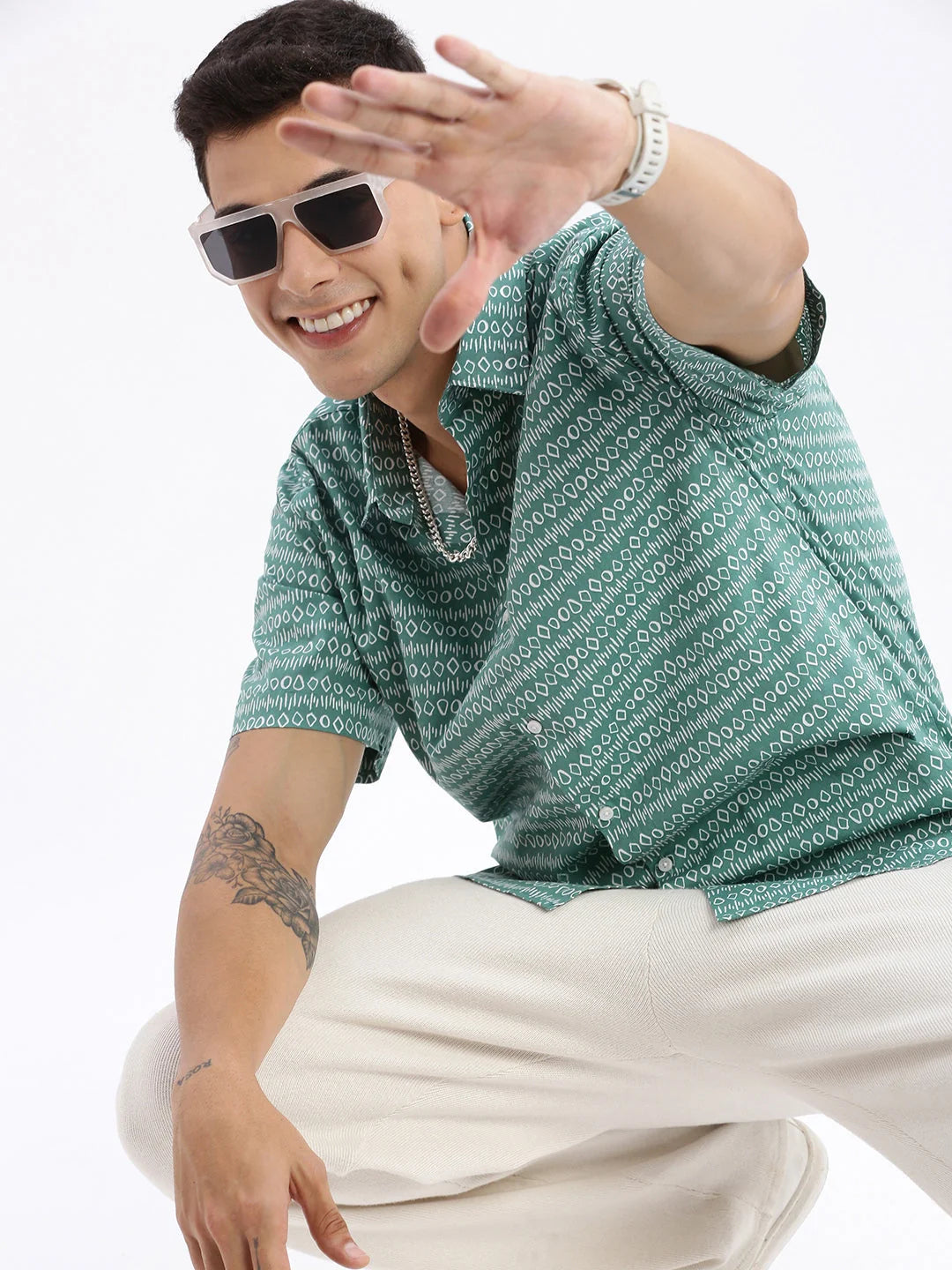 Green Printed Shirt - Geometric Cotton Mens Shirt Slim Fit