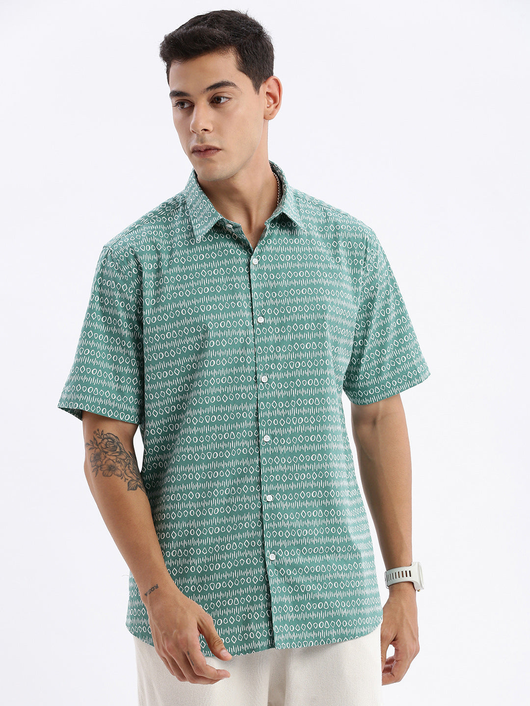 Green Printed Shirt - Geometric Cotton Mens Shirt Slim Fit