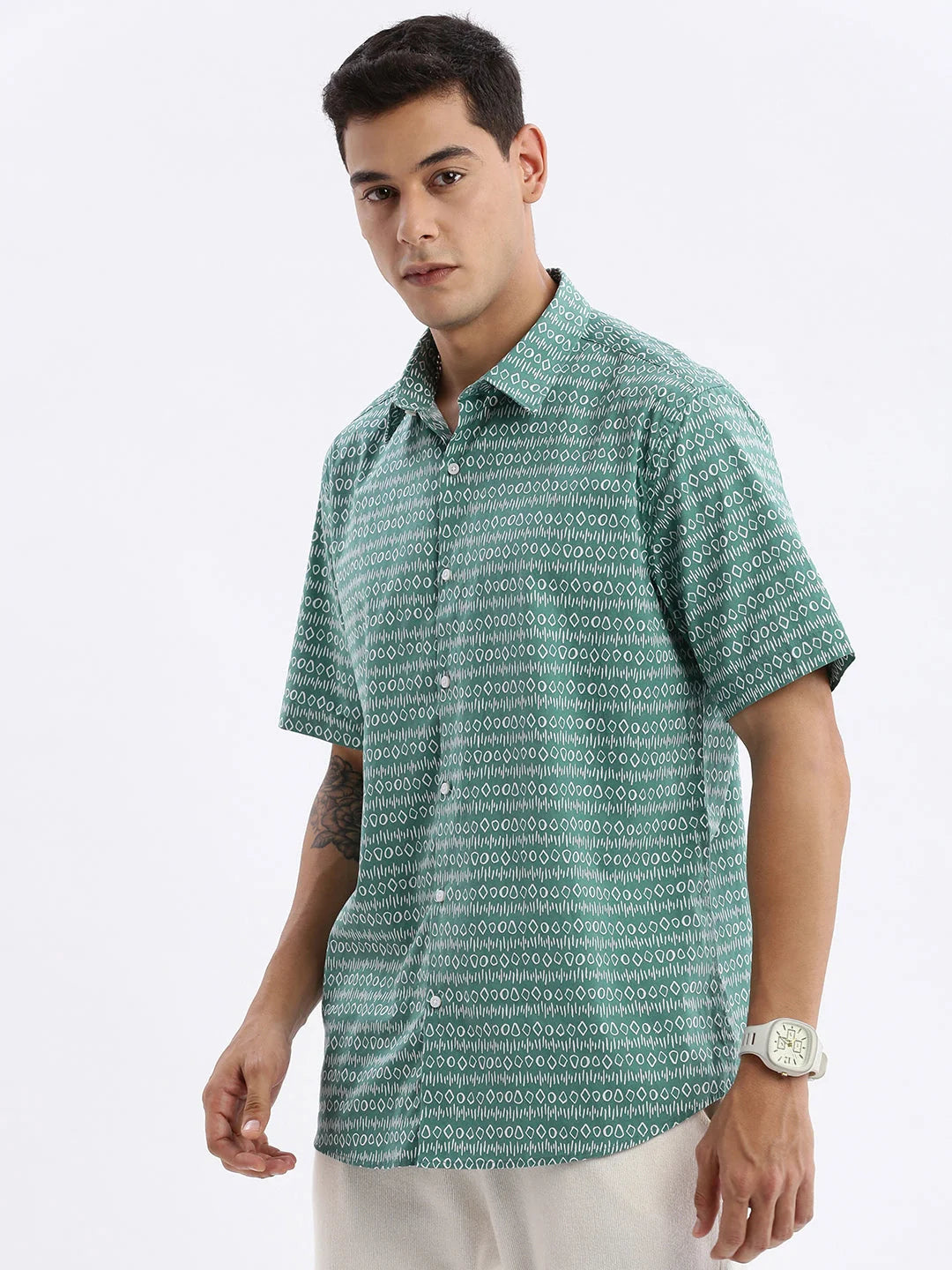 Green Printed Shirt - Geometric Cotton Mens Shirt Slim Fit