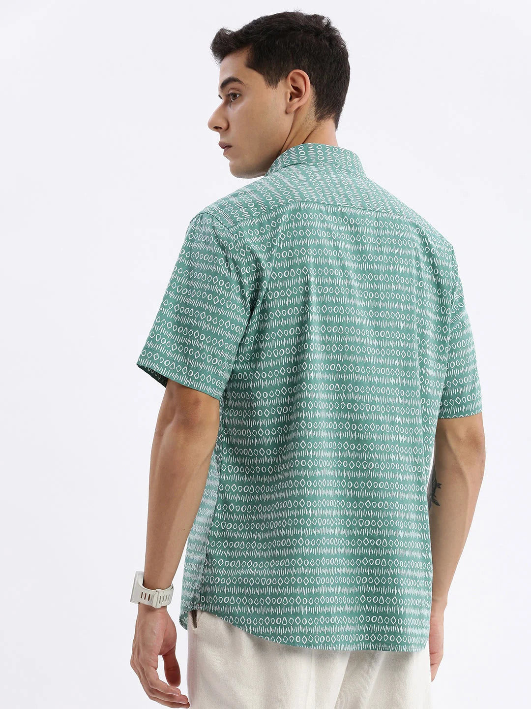Green Printed Shirt - Geometric Cotton Mens Shirt Slim Fit