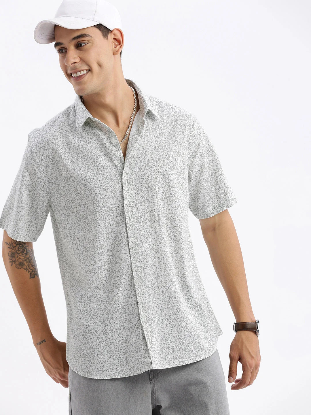 White Floral Cotton Mens Shirt - Slim Fit Printed Shirt