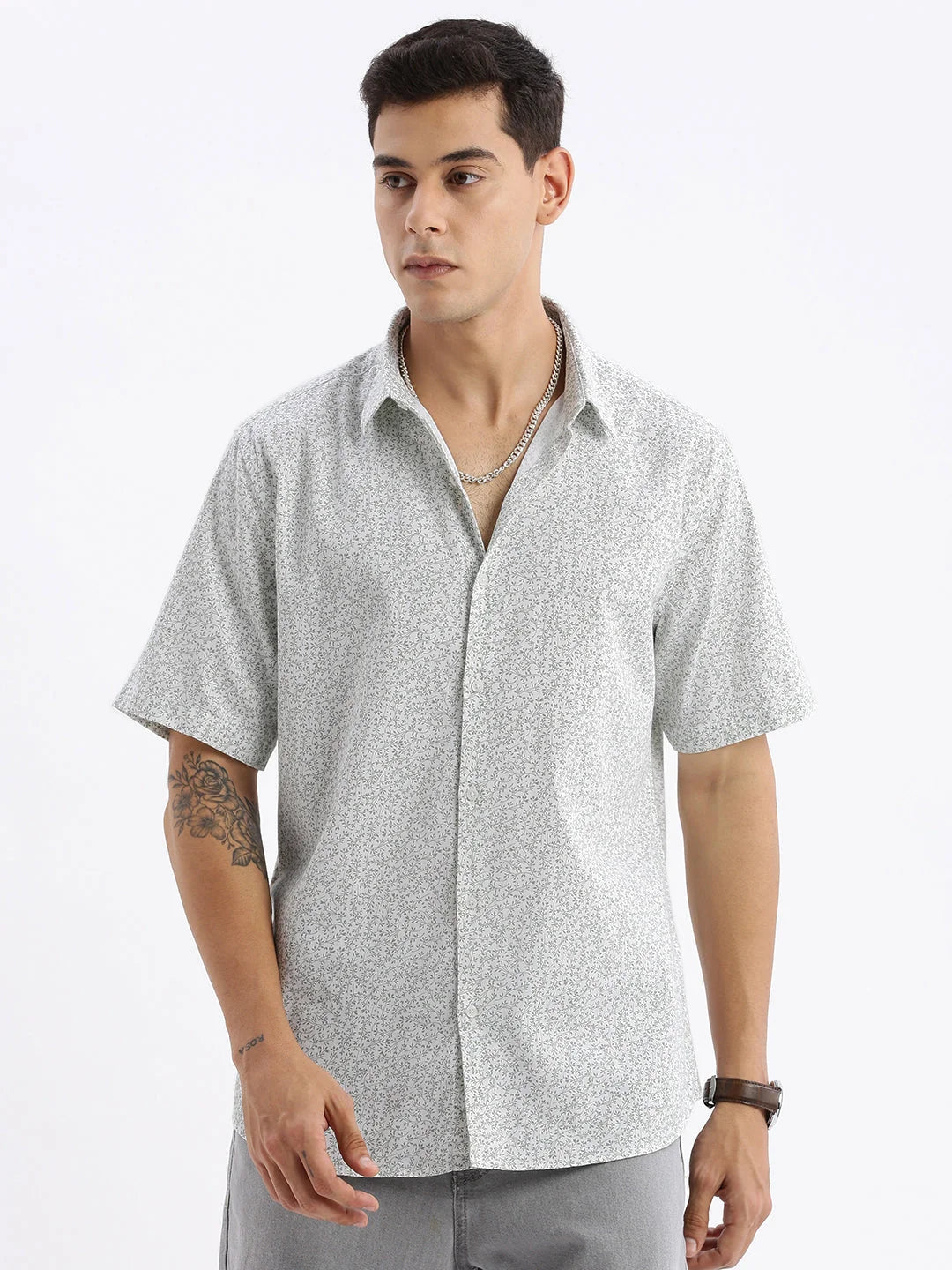 White Floral Cotton Mens Shirt - Slim Fit Printed Shirt