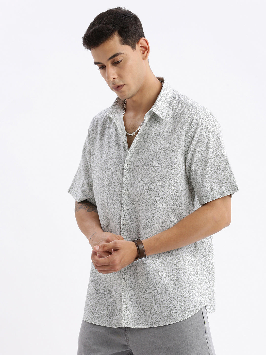 White Floral Cotton Mens Shirt - Slim Fit Printed Shirt