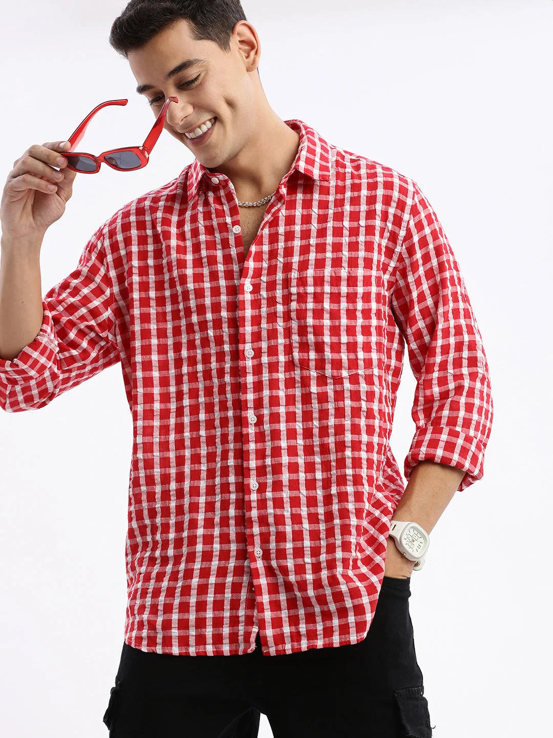 Men Spread Collar Checked Slim Fit Red Shirt-Lewis-2528-Red