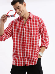 Men Spread Collar Checked Slim Fit Red Shirt-Lewis-2528-Red
