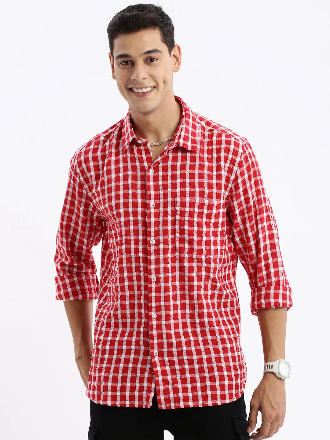 Men's Red Checked Shirt - Slim Fit Cotton Mens Shirt