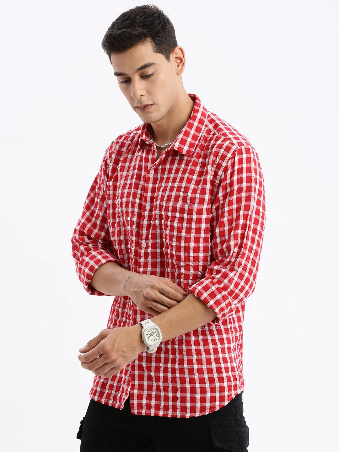 Men's Red Checked Shirt - Slim Fit Cotton Mens Shirt