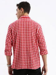 Men Spread Collar Checked Slim Fit Red Shirt-Lewis-2528-Red
