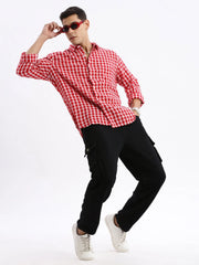 Men Spread Collar Checked Slim Fit Red Shirt-Lewis-2528-Red